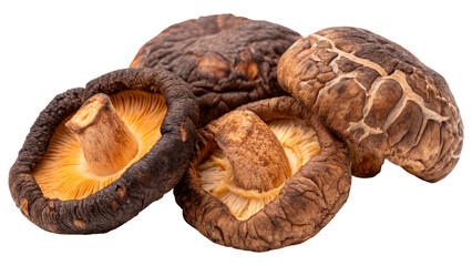 Group of dried shiitake mushrooms, PNG isolated on transparent background. Traditional Asian culinary ingredient, rich in umami flavor, perfect for healthy recipes, packaging and food design.