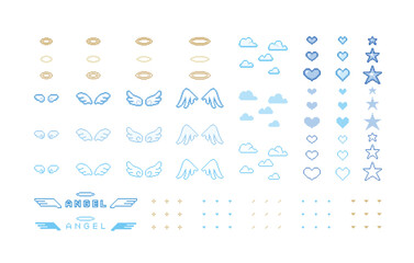 ドット絵　かわいい天使の羽の装飾イラストセット　翼　雲　光の輪　ピクセル