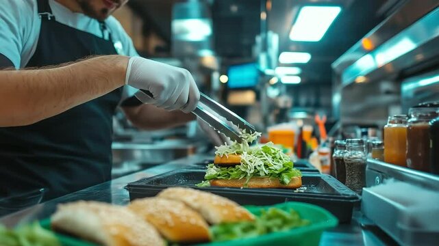 Employee uses metal tongs to add shredded lettuce to multigrain roll, bright deli lights and colorful ingredient trays surround the scene