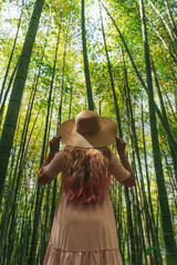 Woman in Straw Hat Exploring Bamboo Forest in Asia