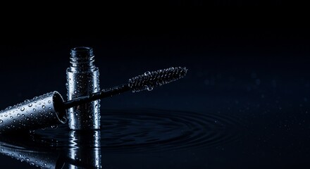 Wet Mascara Wand and Bottle Reflecting in Dark Water with Ripples