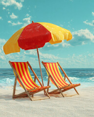 red and yellow striped beach chairs under an umbrella on the sand by sea, summer vacation concept.