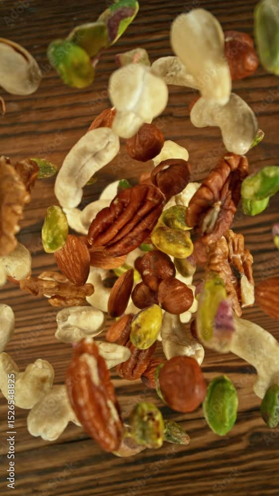 Poster super slow motion of flying nuts mix in rotating movement. filmed on high speed cinema camera , 1000