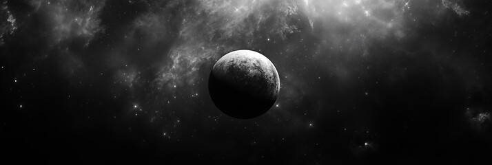 Black and white digital space scene showing a lonely planet surrounded by stars and nebula clouds, ideal for sci-fi covers, cosmic backgrounds, or astronomy-themed artwork