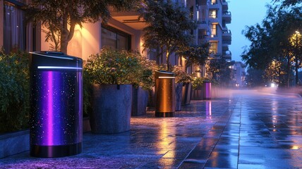 Futuristic self-cleaning trash cans illuminate a rainy urban street at night with vibrant colors and modern architecture in the background. Robotics and automation