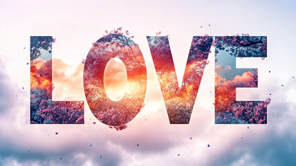 Vibrant text design spelling love filled with glowing sky, pink clouds, and warm light – ideal for romantic posters, Valentine’s Day cards, or inspirational digital art