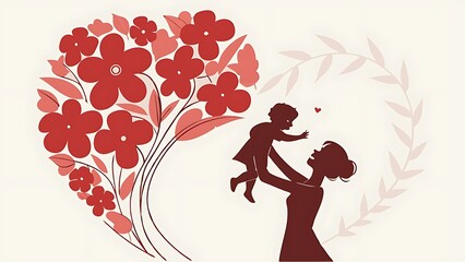 "Heartwarming Parent-Child Silhouette with Floral Heart Design"