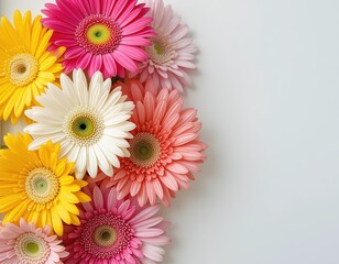 Bouquet of Yellow, Pink, and White Gerbera Daisies with White Centers on White Background with Copy Space Above – Vibrant Floral Arrangement