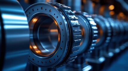Metal bearings on assembly line in factory with industrial background