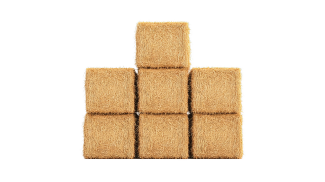 Five square hay bales stacked in pyramid shape highlighting farming and agriculture concepts on transparent background
