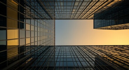 Worm's-eye view of modern glass skyscrapers against a golden sunset sky