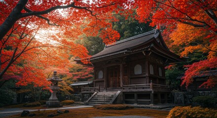 Wooden Temple in Autumn Foliage, Kyoto, Japan, with Stone Lantern and Vibrant Red Maple Leaves