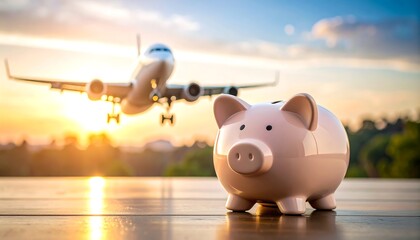 Piggy bank and airplane at sunset