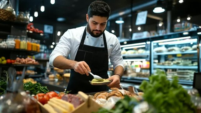 Professional in deli apron spreads hummus on rustic bread, surrounded by rows of fresh produce and glass display of deli meats and cheeses