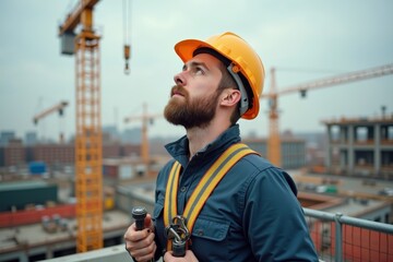 Construction Worker in Hard Hat and Harness Gazing Skyward with Tools and Safety Gear