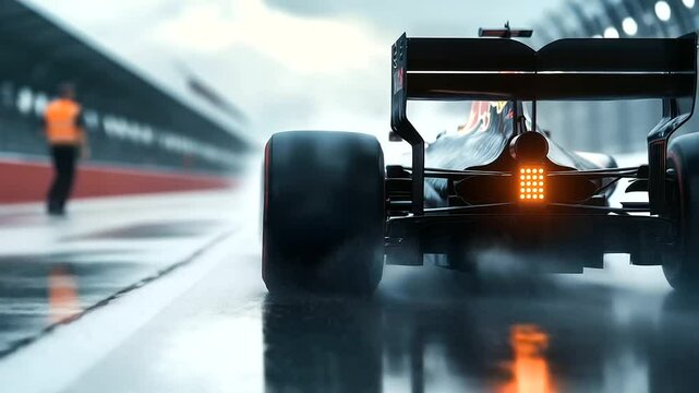 Back angle capturing powerful rear wing, soft mist rising from hot exhaust and damp tarmac, Formula One car ready to explode into speed
