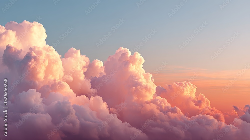 Poster serene medium shot of pastel peach sky with fluffy clouds and calm copy space creating a dreamlike a