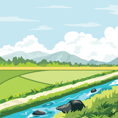 vector illustration of rice field landscape with mountains and irrigation river
