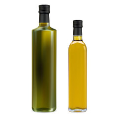 Natural organic oil bottle, yellow and green glass set. Fresh extra virgin olive oil bottle collection. Italian cuisine medditerian diet meal vegetable fat. yellow glass square bottle