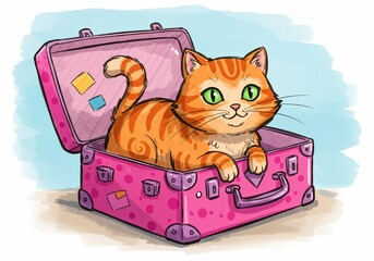 ブルーを背景にピンクのスーツケースに座る笑顔の猫