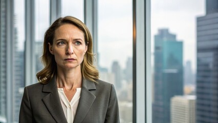 Fototapeta premium Business professional looking serious in an office setting with cityscape background, conveying determination and focus.