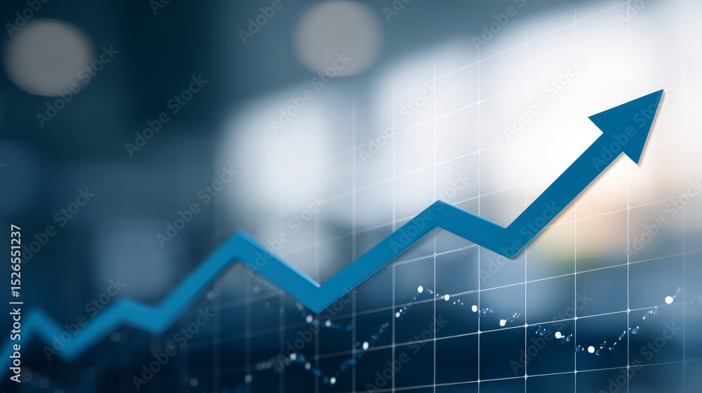 Poster vibrant blue upwardtrending arrow on digital dashboard representing financial growth and market succ
