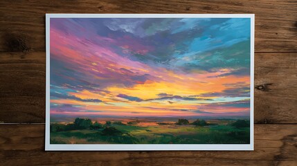 A digital painting print of a vibrant sunset landscape rests on a wooden table. The image blends surreal colors and realistic brushstrokes, offering a dreamlike interpretation of nature 
