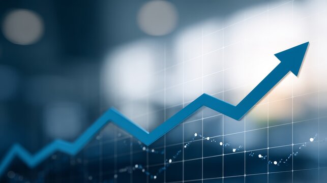 Vibrant blue upwardtrending arrow on digital dashboard representing financial growth and market success with dynamic data points and glowing grid lines, modern stock visualization, copy space on righ