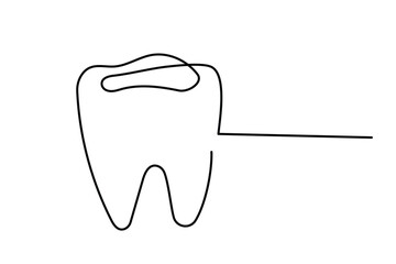 Line Art Tooth Icon. One Continuous Outline Sketch Stroke Illustration. Modern Thin Vector Curved Wavy Line Art. Health and Tooth Care Dental Service Banner Symbol. 