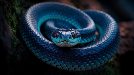 Fototapeta premium Vibrant Blue Snake Coiled in Mystical Forest Setting