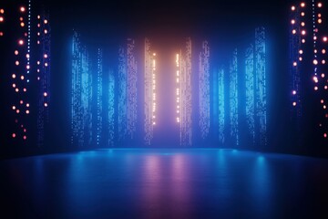 Dynamic light show performance digital studio visual art dark environment wide angle view modern aesthetic for stunning visuals