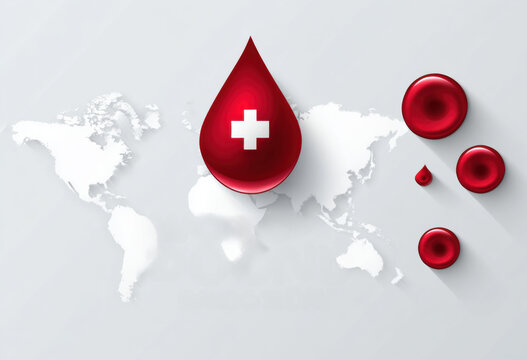 Red blood drop with cross symbol on world map background, representing health, medical care, and blood donation awareness. image conveys sense of urgency and importance in saving lives