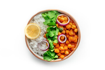 Chana masala, chickpea curry, traditional Indian dish, overhead flat lay shot, isolated on a white background