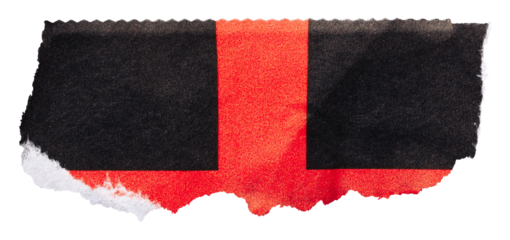 Piece of torn black paper with fragment of bright red pattern isolated element for design