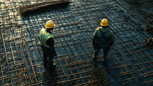 Two construction workers observe a rebar layout on a building site, showcasing teamwork and focus in the industrial sector. Safety gear is essential during construction.