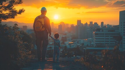 Fototapeta premium Proud Asian father in construction uniform looks at the city he helped build with his child