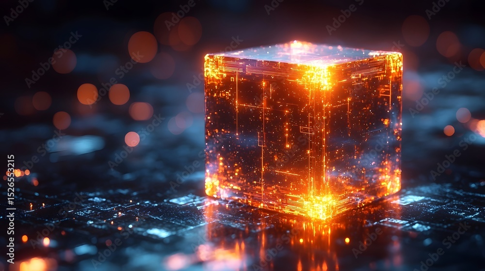 Poster glowing blockchain cube symbolizing the uncertain future of crypto investments