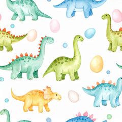 watercolor seamless pattern with dinosaurs and eggs