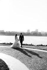 bride and groom walking in the park