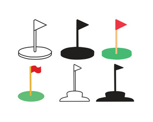 Golf icon. Golfing field with red flag vector illustration. Golfer tournament  Golf court with a ball hall sign. Sport game competition pictogram. Goal isolated concept.