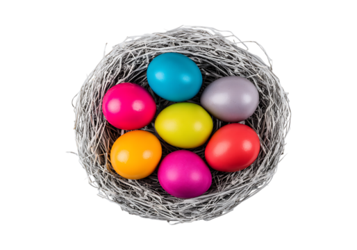 Colorful easter eggs in a bird's nest on black background, On Transparent Background