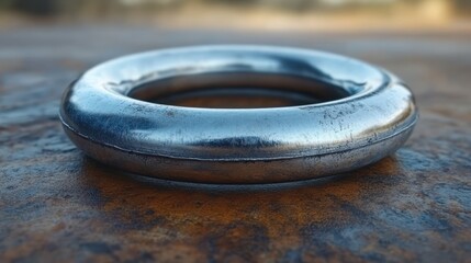 Metal ring on rusty surface, blurred background