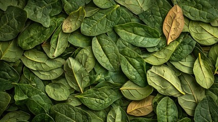 A vibrant green spinach leaf with a few brown spots, scattered on a dark green background. The leaf's vibrant color contrasts with the darker green leaves, creating a visually appealing pattern. 