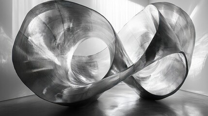 Metal sculpture infinity symbol in gallery with bright window