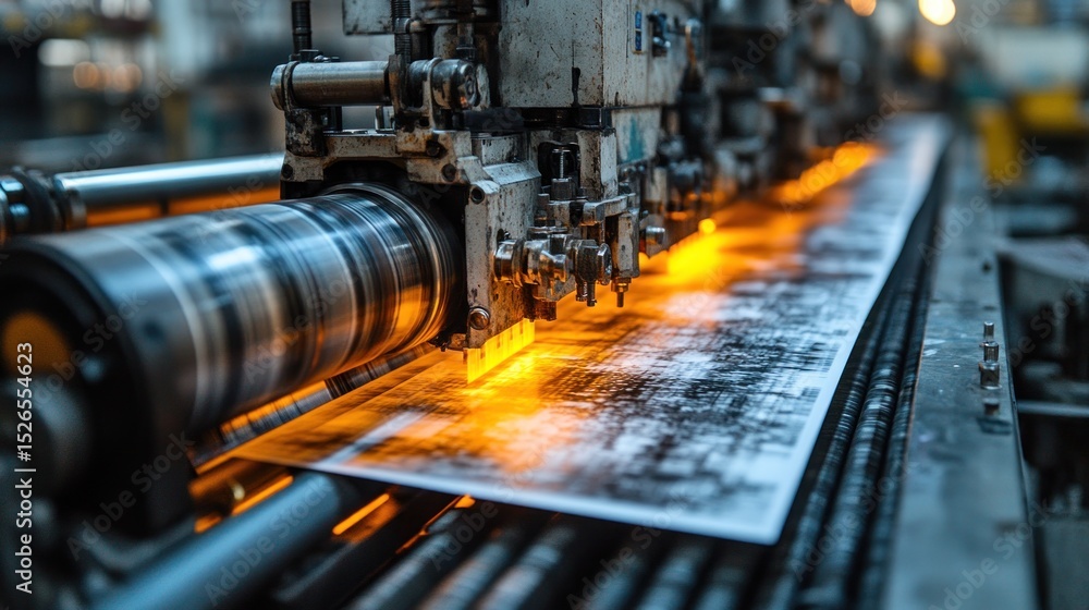 Poster metal sheet processing in factory with automated machinery