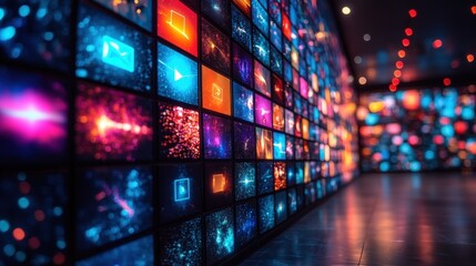 Digital wall of screens displaying vibrant, animated content