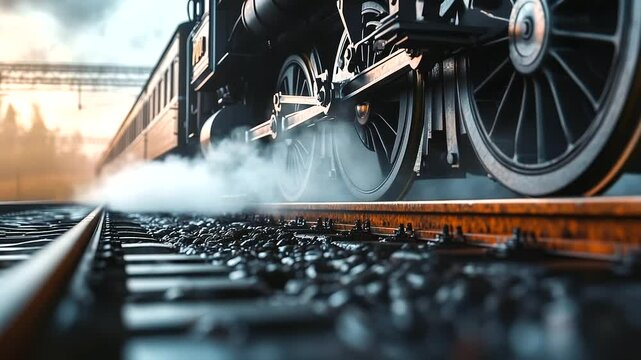 Close-up of train wheels on rails as the engine begins to move, steam rising around mechanical detail
