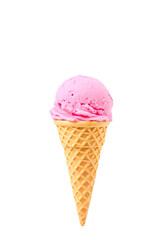 Strawberry ice cream scoop on waffle cone isolated on transparent background