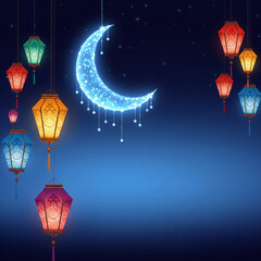 Obraz premium Hanging Lanterns and Crescent Moon on Blue Background for Eid