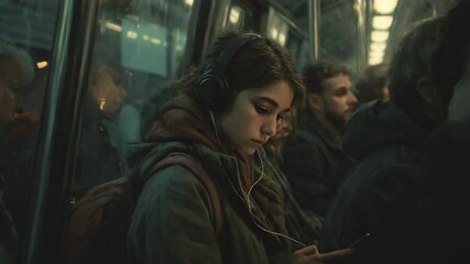 Young woman wearing headphones hold mobile sell phone on subway. Tired sleepy girl lost in her music and thoughts. Passengers urban life. Daily commuting, routine. Late evening, early morning.